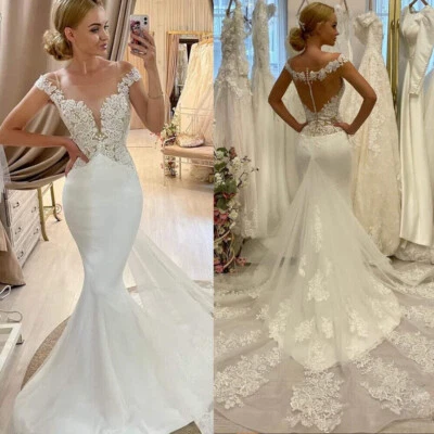 Elegant Satin Mermaid Wedding Dresses O-Neck Lace Applique Beach Bridal Gowns - Image 1 of 4