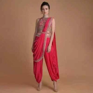Top de tafetán rojo Dhoti con Georgette Dupatta para mujer ropa de boda - Imagen 1 de 9