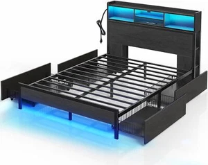 Queen Bed Frame with Storage Headboard, LED 4 Drawers Storage, Charging Station - Picture 1 of 6