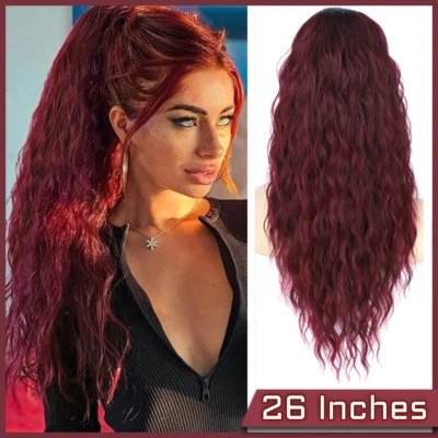 Long Wavy Ponytail Red Hair Extensions Natural Synthetic Hair Ponytail 26 Inch ✅ - Image 1 of 4