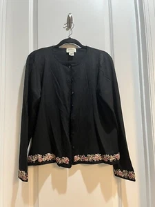 Neiman Marcus Exclusive Silk-Cotton Blend Knit Embroidered Hem Black Cardigan L - Picture 1 of 7