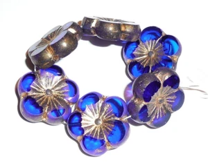 Pretty Hibiscus Flower 21mm Czech Glass Beads Blue w/ Gold Wash & Picasso Finish - Picture 1 of 9