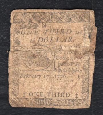 FEBRUARY 17, 1776 $1/3 ONE THIRD DOLLAR “FUGIO” CONTINENTAL CURRENCY NOTE (B) - Image 1 of 2