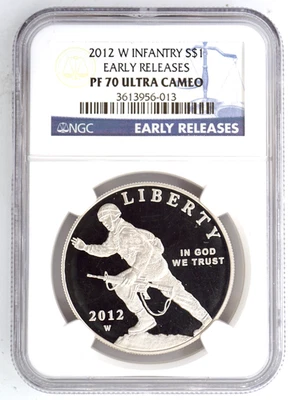 2012-W INFANTRY PROOF COMMEMORATIVE SILVER DOLLAR NGC PF70 ULTRA CAMEO 956013 - Image 1 of 2