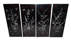 Orientalisches Wandbild, Perlmutt Vintage 4 teiliges Set Schwarz Lack - Bild 1 von 24