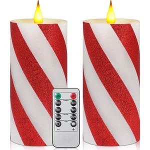 2 Pcs Candy Cane Flameless Candles Striped Flickering LED Real Wax with Remot... - Picture 1 of 7