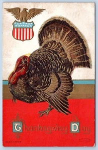 1909 THANKSGIVING DAY TURKEY PATRIOTIC EAGLE SHIELD EMBOSSED POSTCARD - Picture 1 of 2