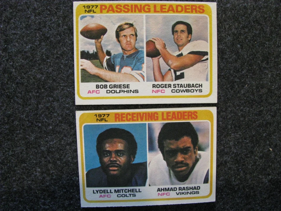 1977 NFL PASSING Receiving LEADERS - #331, 332 Griese Staubach Mitchell Rashad - Image 1 of 2