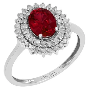 Anillo De Rubí Creado Ovalado Con Doble Halo De Diamantes De Oro Blanco De 14k - Picture 1 of 6