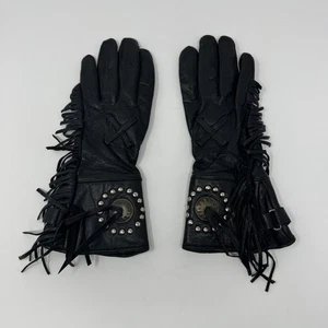 Harley Davidson Willie G Black Leather Fringe Motorcycle Gloves Women’s Large - Foto 1 di 10