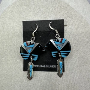 Native American Navajo Sterling Silver Turquoise MOP Dangle Drop Earrings - Picture 1 of 4