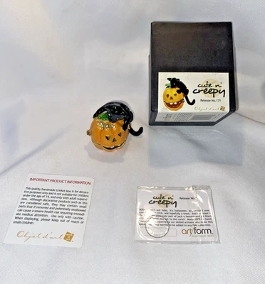 VTG HALLOWEEN BLACK CAT PUMPKIN JEWELED "WORK OF ART” ENAMEL TRINKET BOX #171 - Image 1 of 4