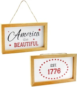 Wood Americana Patriotic Signs 2pk, Memorial Day Independence Day 4th July - Picture 1 of 7