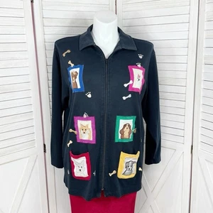 Giacca Bechamel donna grande blu cane amante toppe ricamate cardigan zip intera - Foto 1 di 11