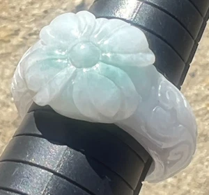 "Type A Hand Carved Flower Jade Burmese Ring Size 11.5" - Picture 1 of 9