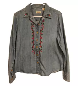 Vintage Classic Elements Womens MEDIUM M Denim Blue Jean Embroidered Shirt Top - Picture 1 of 14
