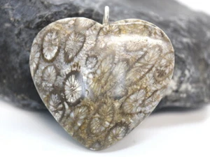 GOLDJUNGE69 GJA EDELSTEIN ANHÄNGER FOSSIL KORALLE HERZ 38,5mm 103ct 925 SILBER + - Bild 1 von 6