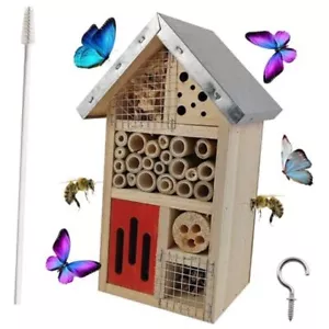  Natural Wooden Hanging Bee House for Gardens Natural Wooden Butterfly Hotel  - Picture 1 of 7