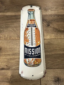 VINTAGE MISSION OF CALIFORNIA ORANGE SODA DRINK METAL THERMOMETER SIGN C1950 - Picture 1 of 12