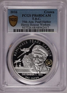 2016 TRISTAN DA CUNHA 1 CROWN 75TH ANNIV. PEARL HARBOR HEROIC RESCUE -PCGS PR 68 - Picture 1 of 3
