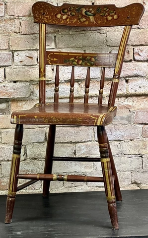 Antique Pennsylvania Plank Seat Decorated Wood Chair Hand Painted Bird & Flowers Cover