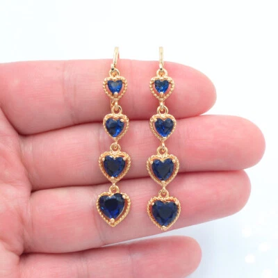 18K желтое золото заполненное женщин синий топаз любовь сердца подвеской серьги ювелирные изделия - Изображение 1 из 2