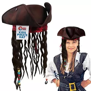 Child Jack Caribbean Sparrow Tricorn Pirate Hat Dreadlocks Buccaneer Costume - Picture 1 of 7