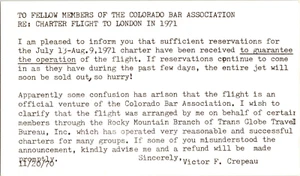 Colorado Bar London Flight 1971 Victor Crepeau CO POSTAL - Imagen 1 de 2