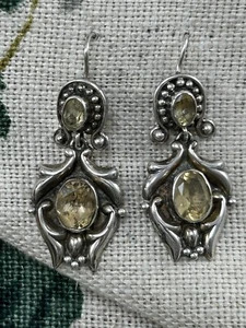 VINTAGE pair 925 silver and CITRINE decorative drop earrings - Picture 1 of 11