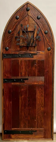 Rustic reclaimed lumber arched top door solid wood TUDOR wine cellar outswing Cover