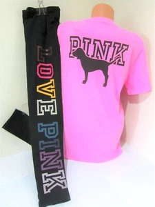 Victoria Secret Pink NEON BLACK DOG LOGO TEE SHIRT RAINBOW LEGGING PANT L XL SET - Picture 1 of 8