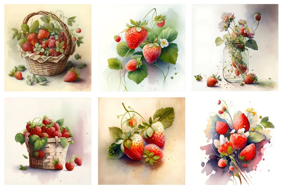 Bloque de tela de algodón artesanal acuarela vintage collage fresas 8x10 Foto 1 de 1