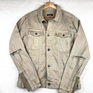 Zanerobe Denim Biker Jacket Men M Tan Beige Distressed Stretch Button Front NWOT - Picture 1 of 12