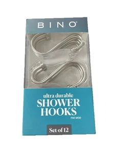 Brand New Bino Shower Hooks Ultra Durable Set Of 12 Color Silver Metal Hooks - Picture 1 of 2
