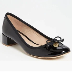 Tory Burch Chelsea Block Heel Ballet Pumps Women Size 8 Black Leather Logo Charm - Picture 1 of 11