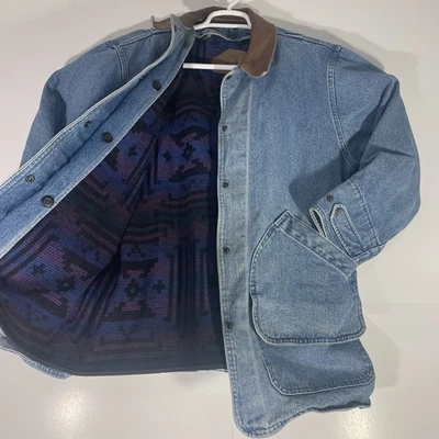Woolrich Vintage Made In USA Wool Aztec Lined Jean Denim Chore Jacket Large 90's - Image 1 of 4
