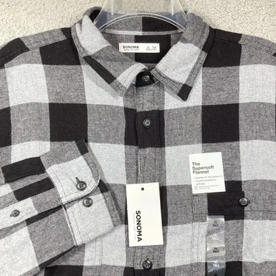 Sonoma Flannel Shirt Men's XL Tall Gray Black Buffalo Plaid Double Brushed Soft - Image 1 of 4
