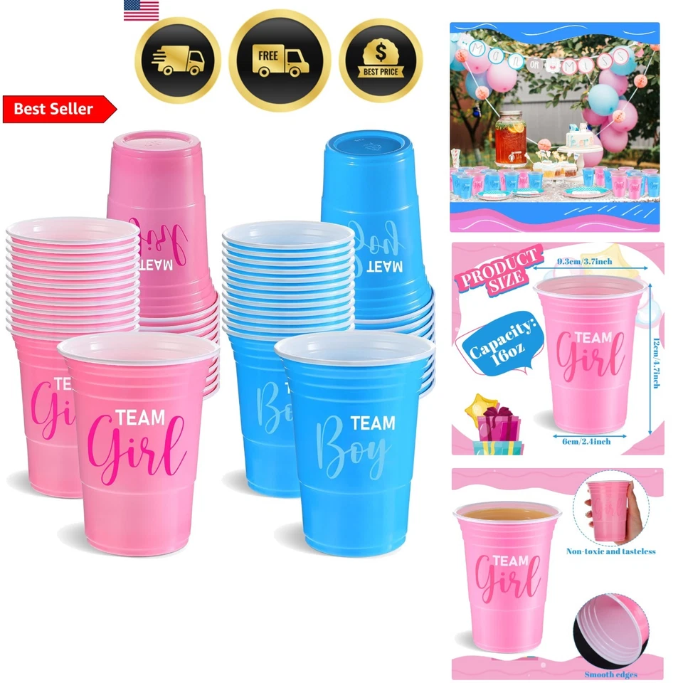 Tazas de plástico desechables de 48 piezas para baby shower de género Foto 1 de 4