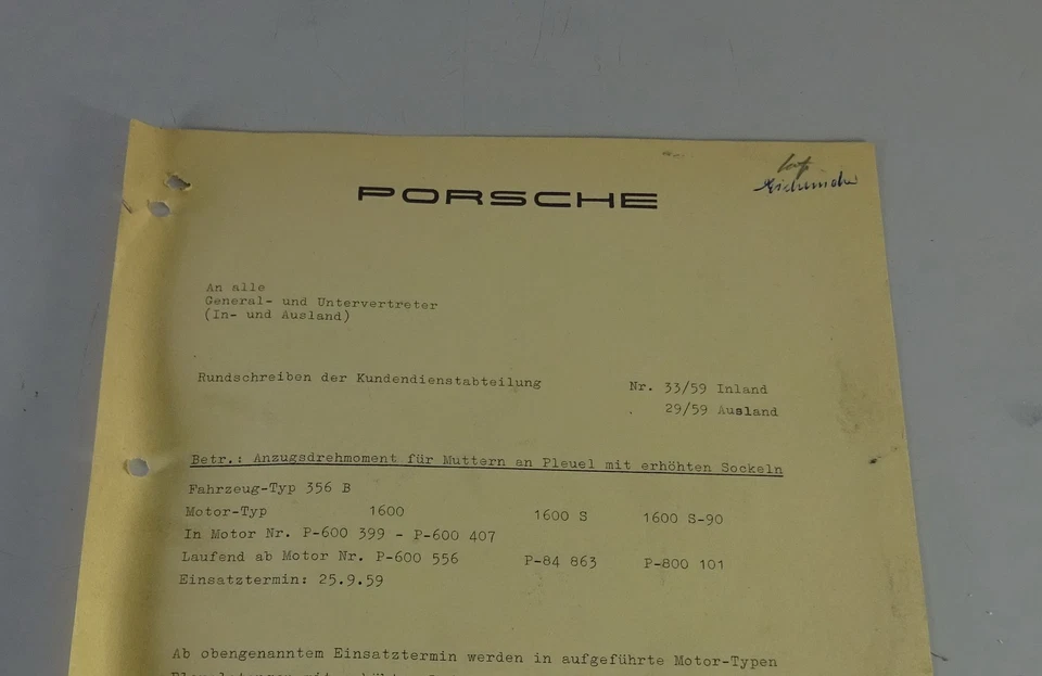 Kundendienst-Schreiben Porsche 356 B 1600 / 1600 S  / 1600 S-90 Anzugsdrehmoment - Bild 1 von 1
