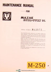 Mazak Dyna Turn 3L, NC Lathe Turning Cetner, Maintenance and Parts Manual 1978 - Picture 1 of 1