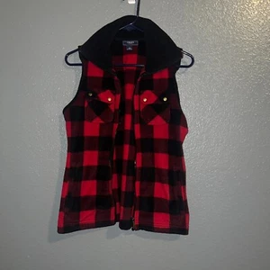 EUC Chaps Women’s BUFFALO Check PLAID Red & Black Fleece Zip Up Vest W/pockets - Picture 1 of 6