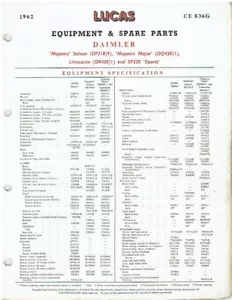 DAIMLER MAJESTIC , MAJESTIC MAJOR , LIMOUSINE & SP250 1962 LUCAS PARTS CATALOGUE - Picture 1 of 1