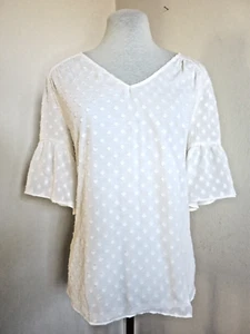 NWT LOFT LARGE Off White Ivory Diamond Textured Lined Top Bell Sleeves V Neck - Picture 1 of 4