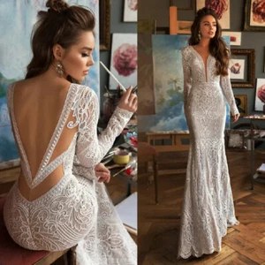 Deep V Neck Lace Mermaid Wedding Dress Applique Backless Train Boho Small Tail - Picture 1 of 10