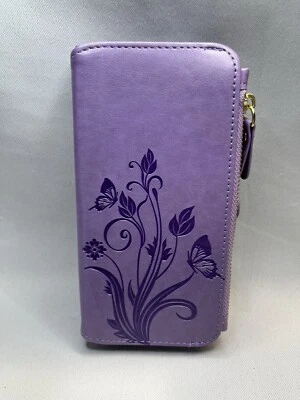 Motorola E5 Plus Floral Purple Leather Wallet Flip Zipper Case - Image 1 of 4
