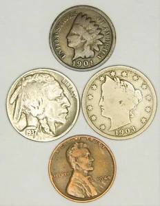 Liberty V Nickel (4) Lot - Buffalo Lincoln Wheat Indian Head Mixed Old US Coins - Picture 1 of 2