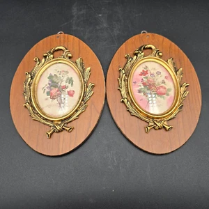 JL Prevost Floral Print Oval Brass Frame on Wood Frame Set AS IS FOR PARTS - Picture 1 of 8