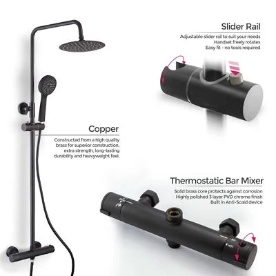 SCUDO Black Thermostatic Shower Mixer Slim Twin Head Round Exposed Valve