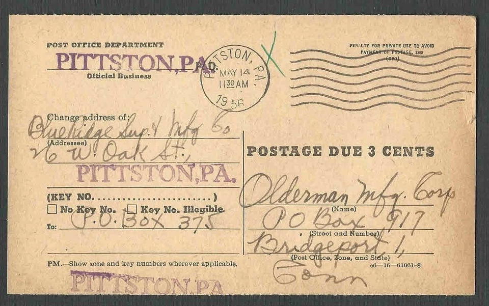 DATED 1956 PC PITTSTON PA NOTICE OF POSTAGE DUE 3 CENTS - Image 1 of 1
