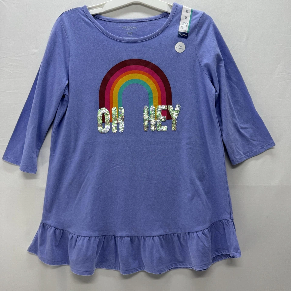 Arizona Jeans Co. Tunic XL 16 女孩薰衣草 Oh Hey Rainbow 3/4 袖上衣新品 — 第 1/4 张图片